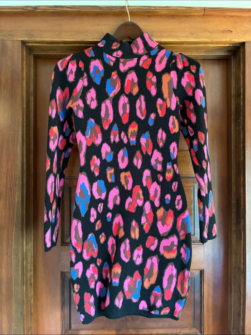 Women's Black Leopard-Print Mock Neck Sweater Dress - Pink & Blue Accents